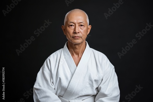 Portrait of confident martial artist wearing white kimono on black background