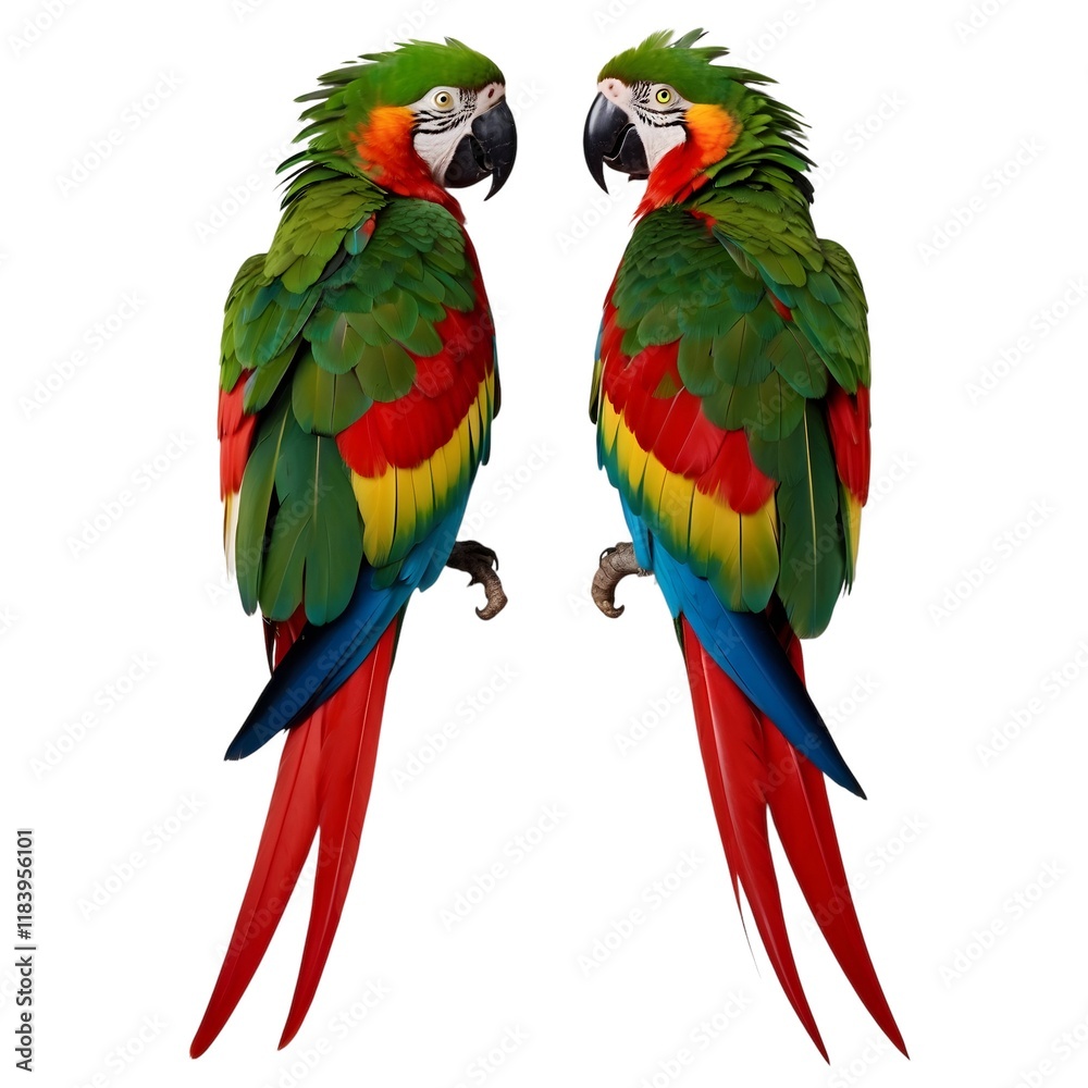 Fototapeta premium Two Colorful Macaws Facing Each Other Against a White Background