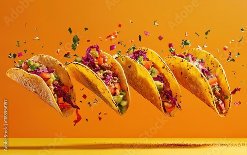 A serving of tacos with vibrant toppings dynamically suspended on a bold orange backdrop photo