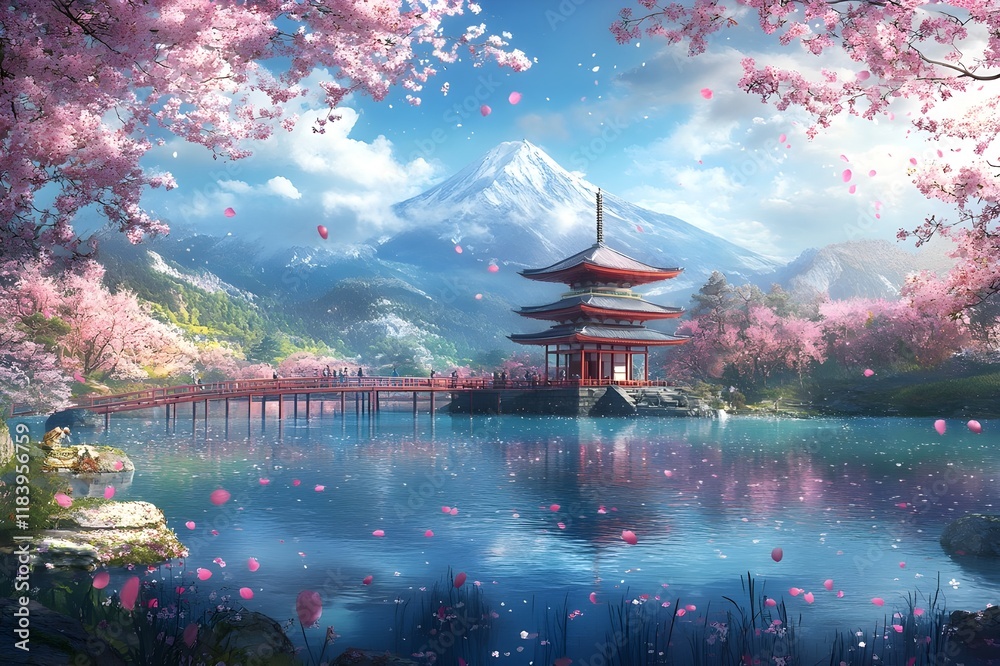 Obraz premium Illustration of a beautiful view of a lake, cherry blossom trees, Mount Fuji and a pagoda temple in Japan