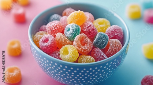 Colorful sugared gumdrops in bowl, pastel background photo