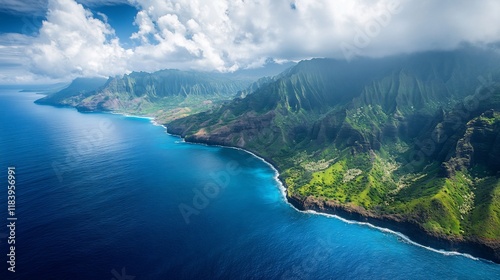 Aerial view Na Pali Coast, Hawaii, dramatic cliffs, ocean, travel brochure photo