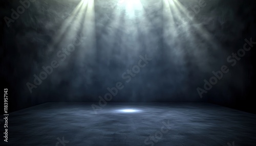 Dark smoke with spotlight on stage concept, Shadowy edges of a stage with dark smoke and a central spotlight photo