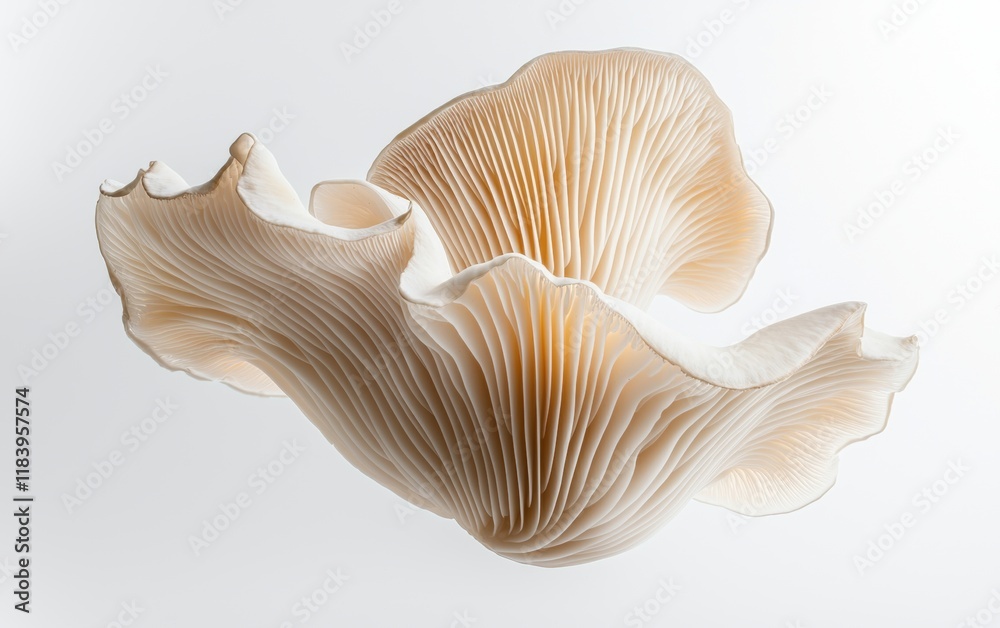 A sliced champignon mushroom floating gently, showing its layers on a clean white background A sliced champignon mushroom floating gently, showing its layers on a clean white background