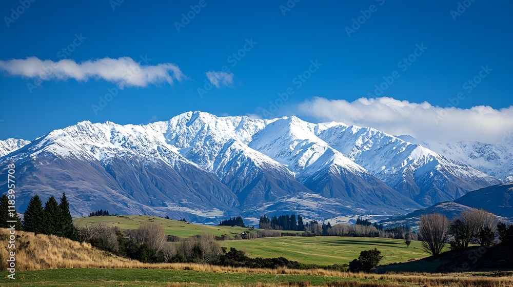 Fototapeta premium A breathtaking view of majestic snow-capped mountains under a bright blue sky, showcasing the stunning contrast between the white peaks and the vibrant landscape below 