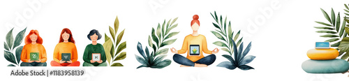 Watercolor eco-friendly concept, Virtual mindfulness meditation guided by renewable energypowered smart devices, PNG transparent photo