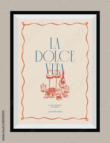 Sketch style La Dolce Vita illustrations with an aesthetic quote in a poster frame.