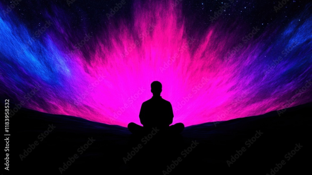 Meditation silhouette with cosmic vibrant explosion