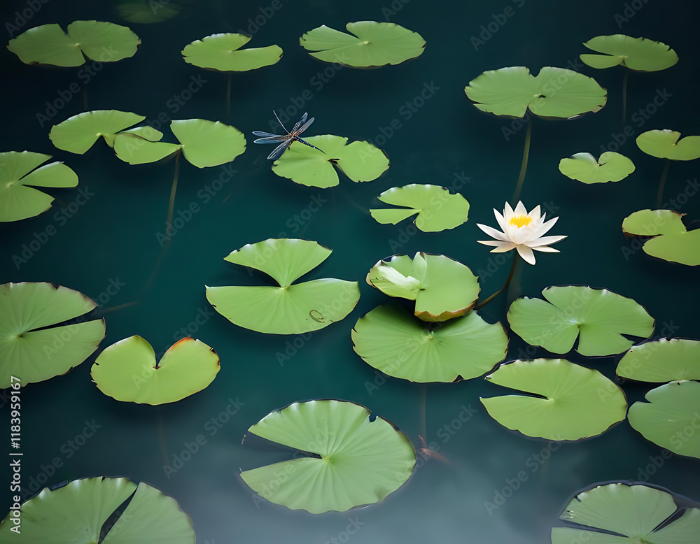 A serene pond with floating lily pads and dragonflies. A serene pond with floating lily pads and dragonflies.