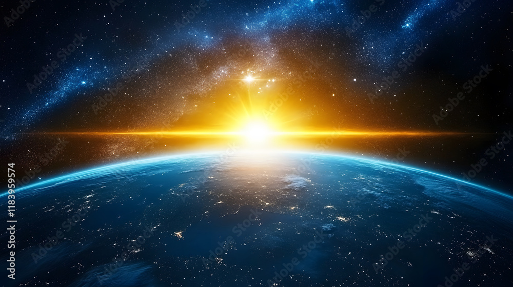 Obraz premium Dramatic sunrise over earth outer space digital art cosmic environment wide angle serenity and wonder