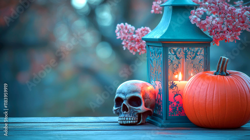 Spooky Halloween Still Life: Skull, Pumpkin, Lantern, and Candle photo