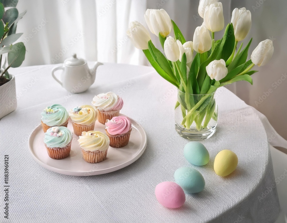 A delightful table setting featuring pastel cupcakes and colored eggs amidst blooming tulips. A delightful table setting featuring pastel cupcakes and colored eggs amidst blooming tulips.