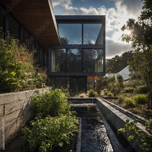 A house that harvests rainwater and features sustainable building materials. photo