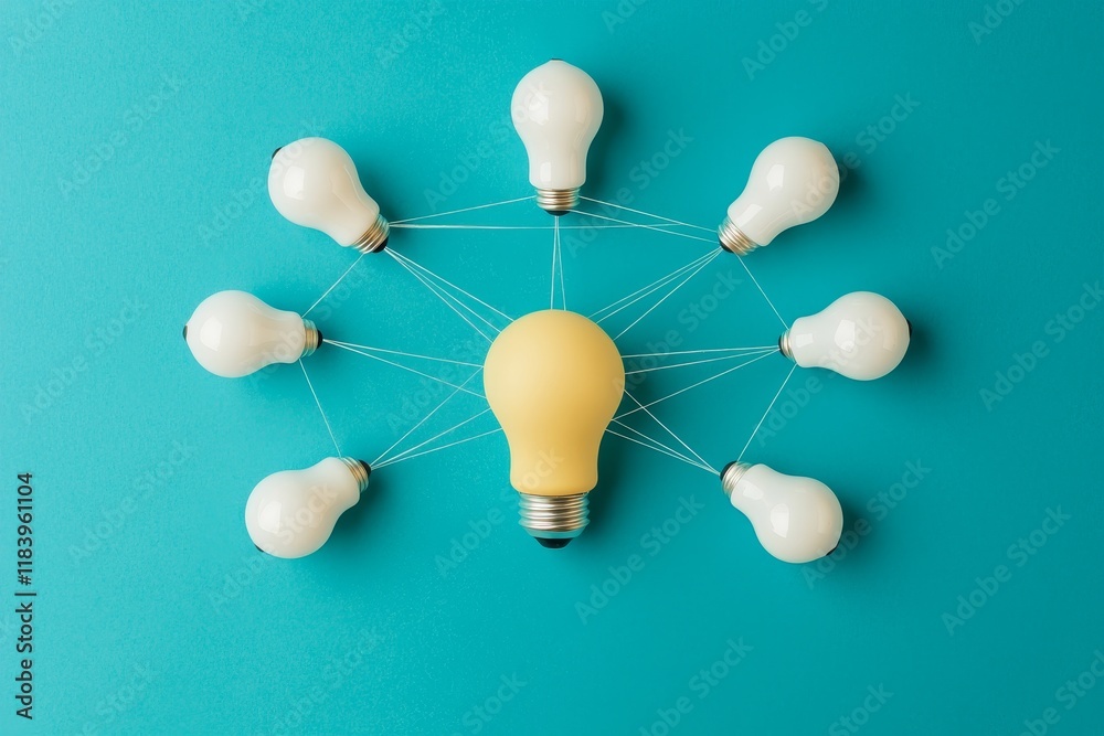 Obraz premium Workplace culture improvement concept. Central yellow light bulb surrounded by connected white bulbs on a teal background
