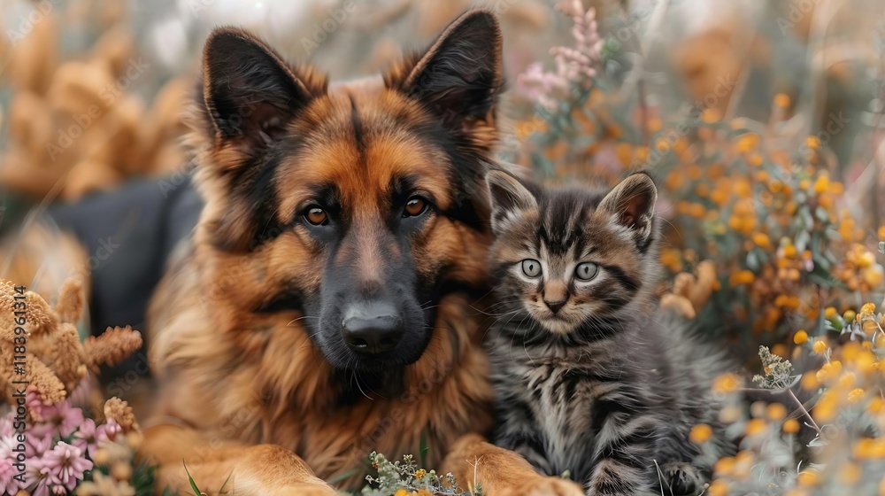 A Joyful Puppy and a Curious Kitten Playing Together: Heartwarming and Lively Scene A Joyful Puppy and a Curious Kitten Playing Together: Heartwarming and Lively Scene