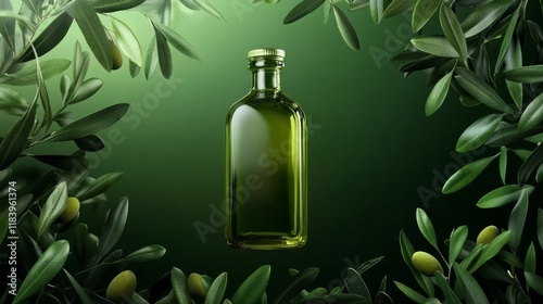 Olives and leaves twisting around glass olive oil bottle on green packground in the center, ad style, hyper realistic photo