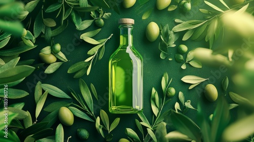 Olives and leaves twisting around glass olive oil bottle on green packground in the center, ad style, hyper realistic photo