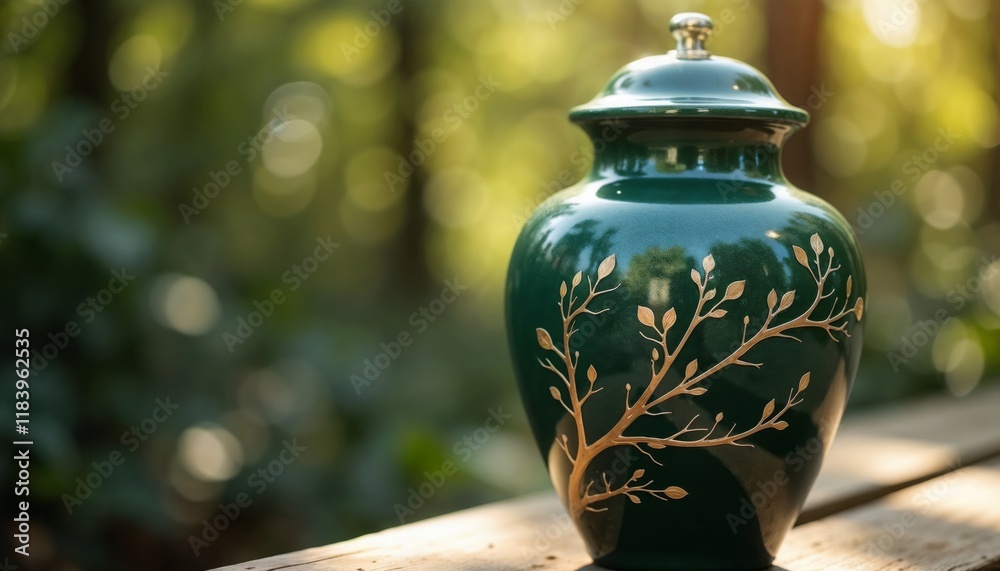 Naklejka premium Green urn with ashes, decorated with golden leaf branches, placed on a wooden surface with a sunny background.Cremation urn, memorial decor, outdoor tribute, funeral home decoration, calm space.