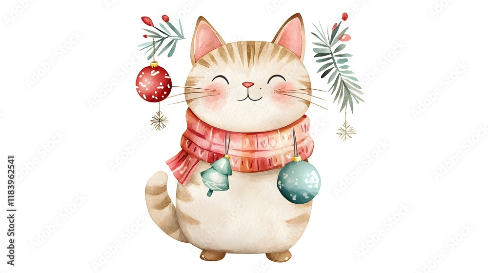 Fototapeta premium A charming boho-style Christmas cat clipart featuring a playful feline adorned with festive accessories such as a colorful scarf and holiday ornaments; the watercolor illustration is rendered 