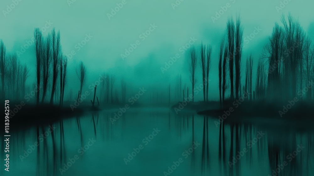 Obraz premium Misty river landscape at dawn with trees reflected in calm water
