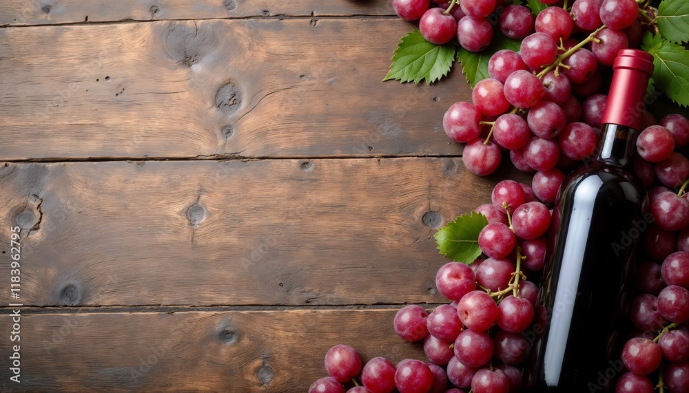 Banner with copy space featuring a wine theme, with a bottle and bunch of red grapes on a wooden surface.Wine tasting, event promotion, culinary experience, celebration poster, food and drink, festive Banner with copy space featuring a wine theme, with a bottle and bunch of red grapes on a wooden surface.Wine tasting, event promotion, culinary experience, celebration poster, food and drink, festive