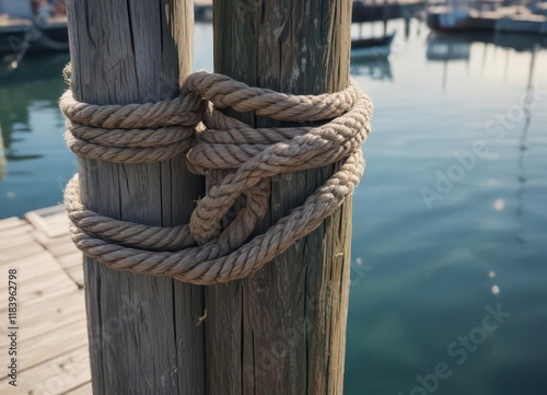 Nautical mooring rope wrapped around dock post , marine, fishing, pier