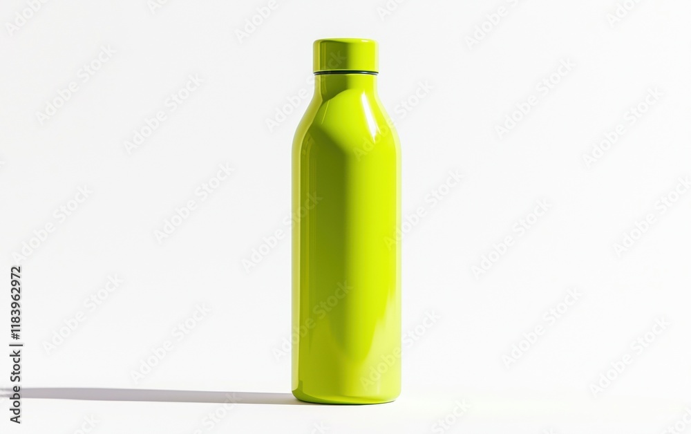 A vibrant neon green water bottle with a sleek design standing upright on a bright white background A vibrant neon green water bottle with a sleek design standing upright on a bright white background