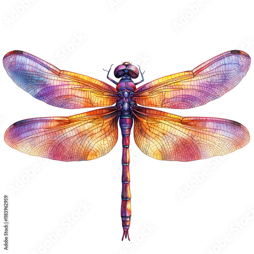 Vibrant dragonfly with delicate wings on a pure white backdrop, ideal for digital design and graphic projects