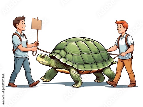 Two men are dragging a  slow turtle, a conceptual image