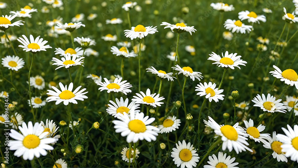 Chamomile flowers field A beautiful natural scene Chamomile flowers field A beautiful natural scene
