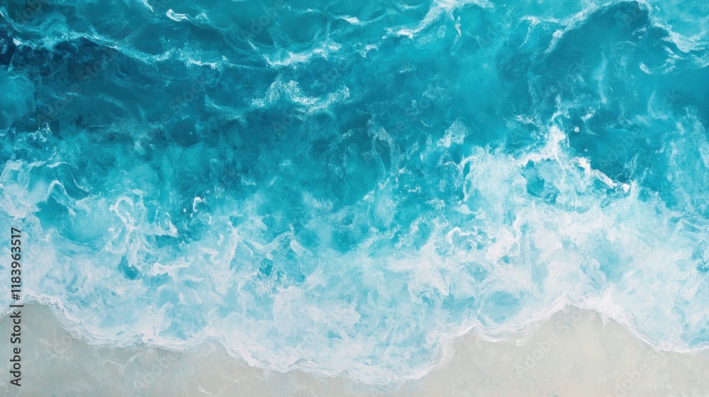 Obraz premium Aerial view of turquoise ocean waves breaking on sandy beach.