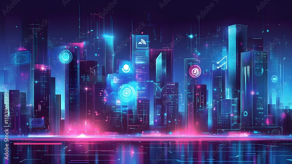 Fototapeta premium A stunning 3D illustration of a futuristic cityscape illuminated by vibrant neon lights, showcasing advanced AI technology controlling various elements like traffic and energy systems; sleek