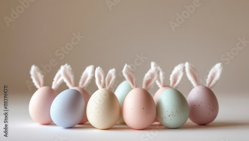 Pastel easter eggs with funny bunny ears on beige background. AI generated
