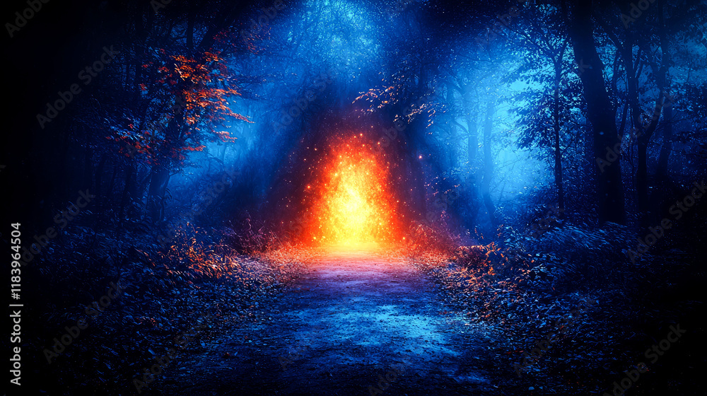 Enchanted Forest Path: A Mystical Night Scene with Glowing Fire and Blue Hues Enchanted Forest Path: A Mystical Night Scene with Glowing Fire and Blue Hues