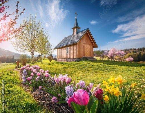 Wallpaper Mural A quaint church stands amidst blooming flowers on a sunny spring day, radiating peace. Torontodigital.ca