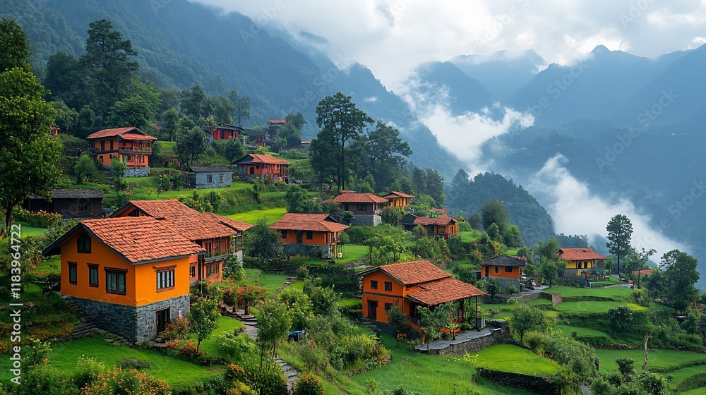 Fototapeta premium Mountain village houses, misty valley, terraced fields, tourism