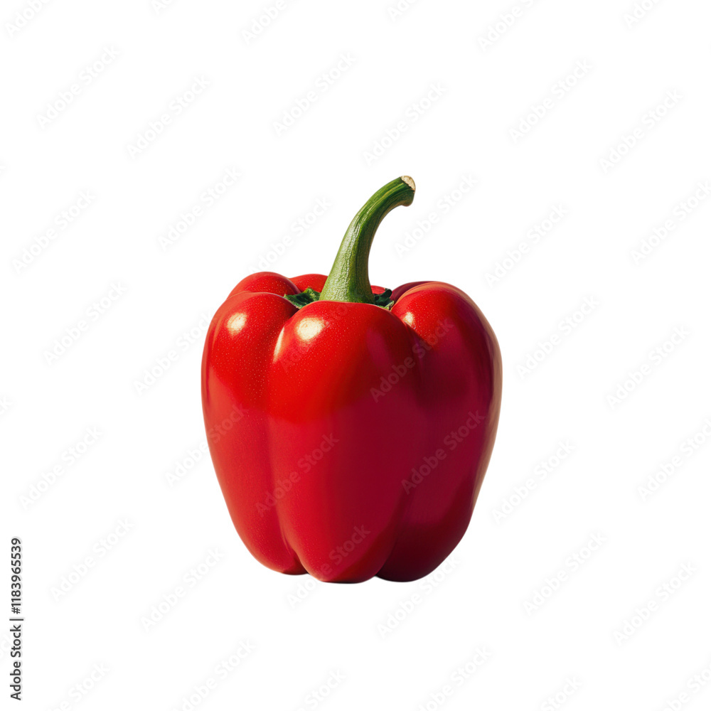 Vibrant red bell pepper upright on pure white background, fresh produce, healthy eating, colorful display, culinary ingredient Vibrant red bell pepper upright on pure white background, fresh produce, healthy eating, colorful display, culinary ingredient