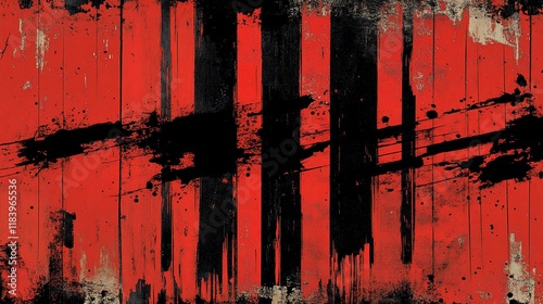 Red grunge wood texture background, black paint strokes, abstract art, design element
