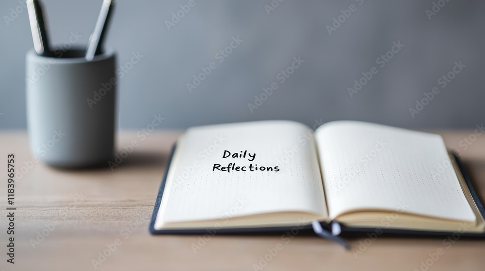 Fototapeta premium Self-awareness practices concept. Open notebook on a wooden table next to a pen holder.