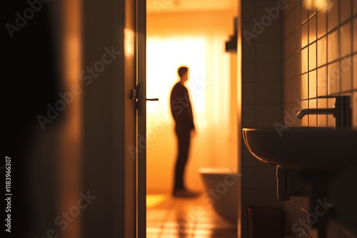 A silhouette of a man in a dimly lit bathroom seen from a doorway with warm orange light in the background symbolizing diabetes symptom frequent urination photo