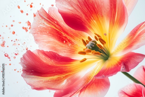 A close up of a vibrant flower releasing petals and pollen, symbolizing allergies and the spread of pollen, set against a clean white background photo