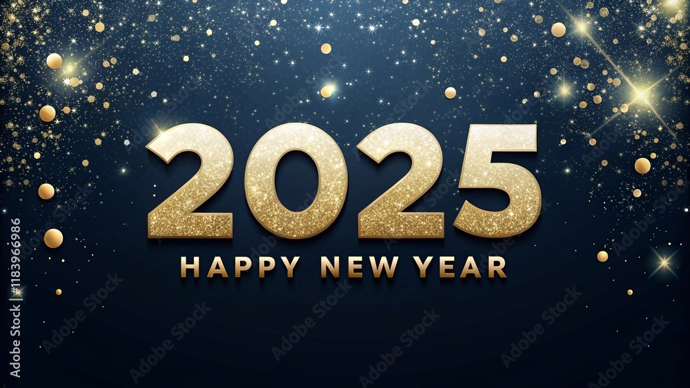 Naklejka premium a digital greeting card for the new year 2025. The background is dark blue with gold glitter particles scattered all over it.
