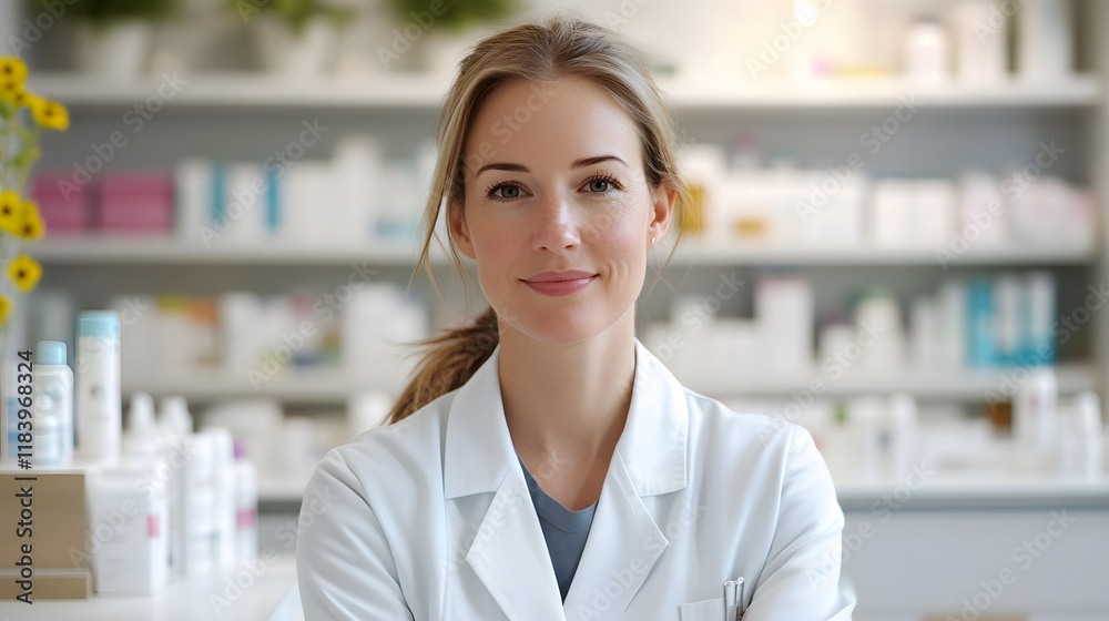 Female pharmacist assists customers in a well-organized pharmacy during daylight hours Female pharmacist assists customers in a well-organized pharmacy during daylight hours