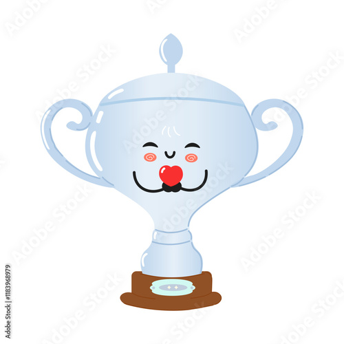 A happy cartoon Silver trophy cup character with a heart on a plain white background, symbolizing love and joy. Happy Silver trophy cup in love character concept