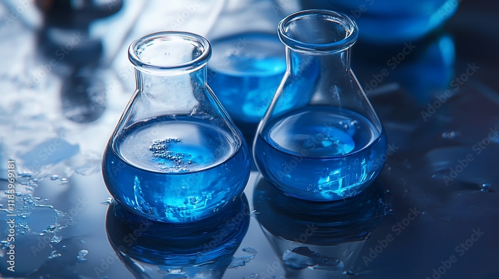 Blue liquid, lab glassware, research, reflection, experiment, science, background, analysis, medical, chemical