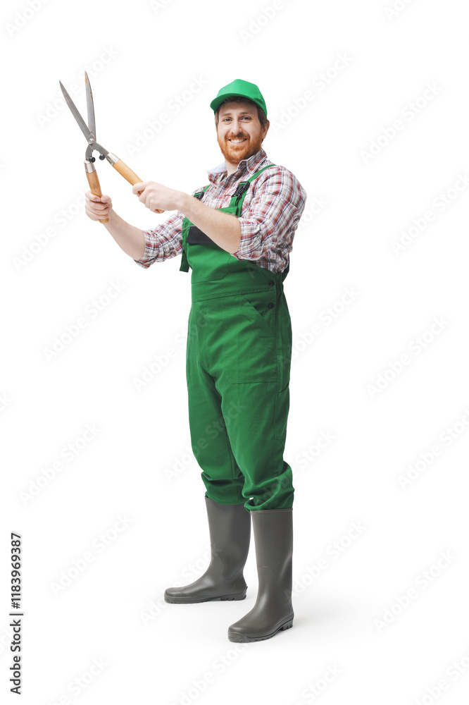 Professional gardener using hedge shears Professional gardener using hedge shears