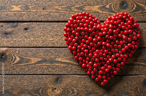 Red cranberries arranged in a heart shape on a wooden background. Perfect for Valentine's Day theme. copy space