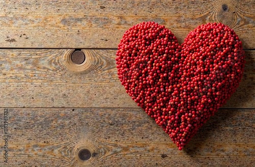 Red cranberries arranged in a heart shape on a wooden background. Perfect for Valentine's Day theme. copy space