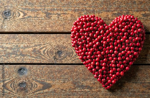 Red cranberries arranged in a heart shape on a wooden background. Perfect for Valentine's Day theme. copy space