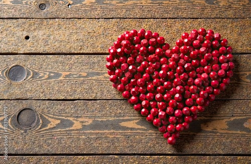 Red cranberries arranged in a heart shape on a wooden background. Perfect for Valentine's Day theme. copy space
